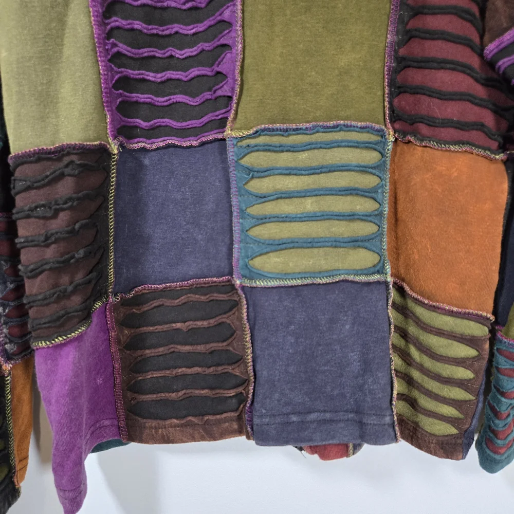 Bohemian Patchwork Zip Hoodie Jacket Made in‎ Nepal 100% Cotton XL